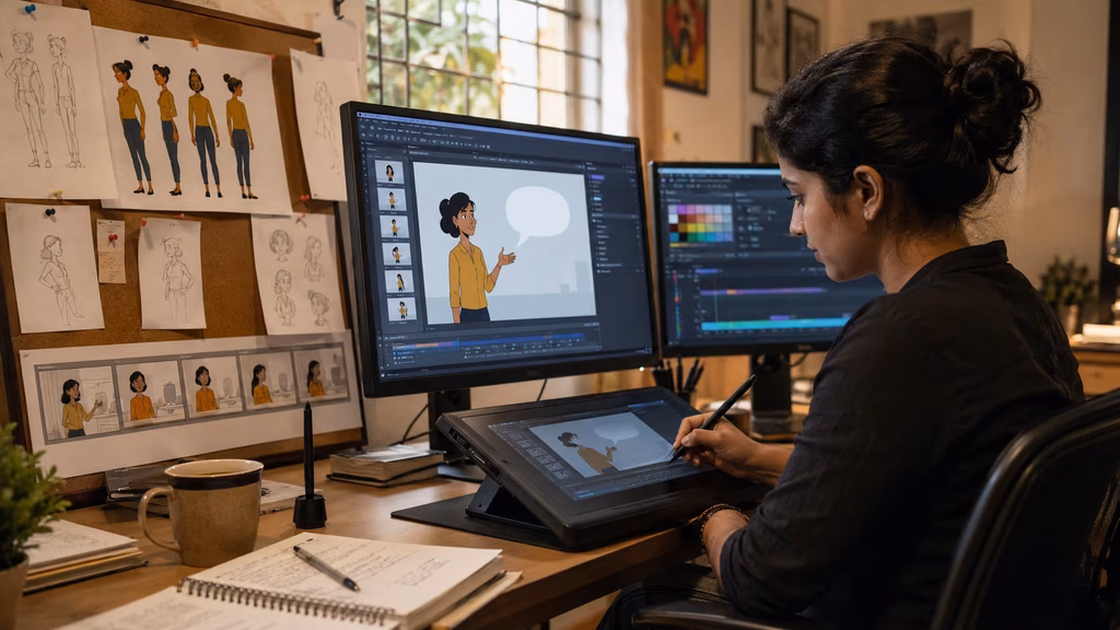 Illustrator editing a 2D animated video character on a graphic tablet