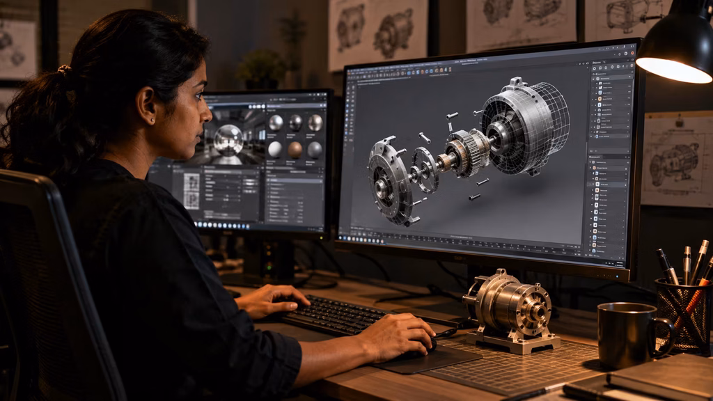 3D artist rendering an exploded product view for animated video production