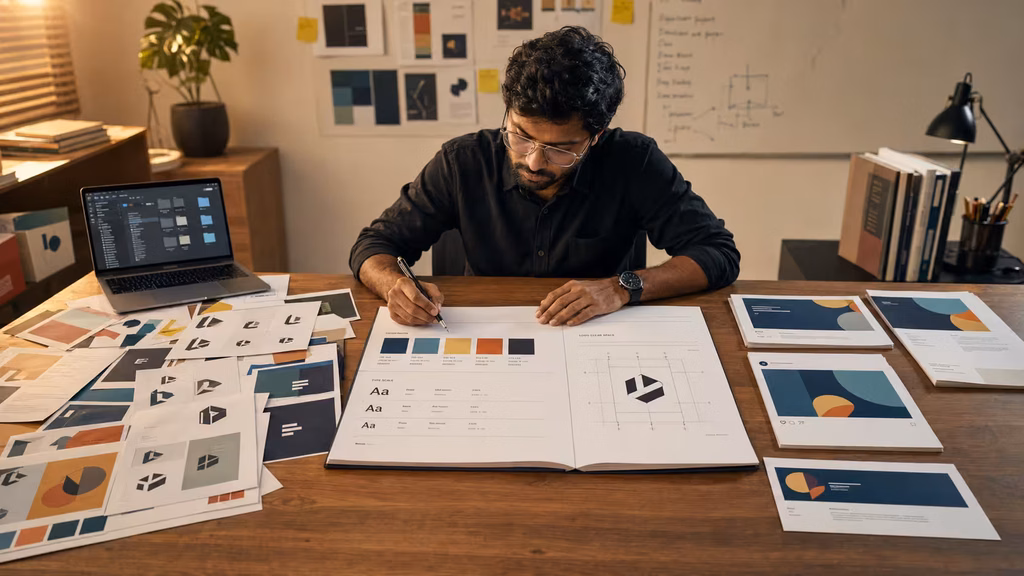 Three-stage brand consistency fix process shown across a studio worktable with conflict materials, a style guide, and finished templates.