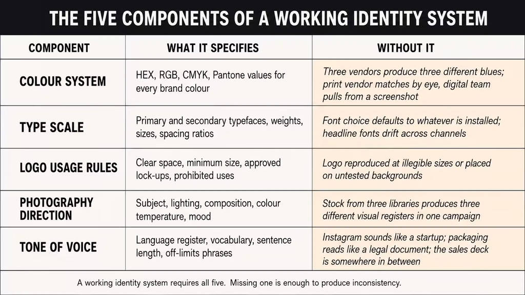 Infographic table showing the five components of a brand identity system with specification details and failure consequences.
