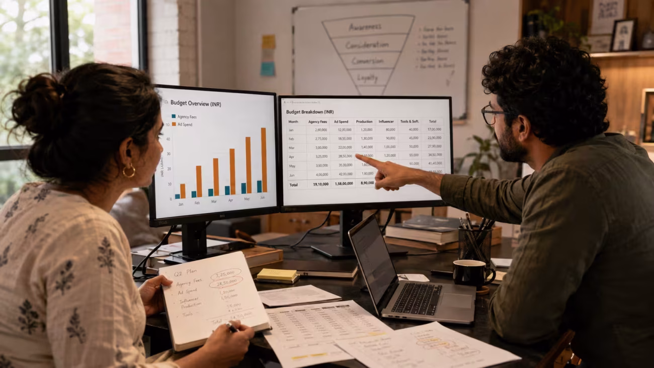 Two Chennai marketing professionals reviewing a digital marketing cost breakdown on screen