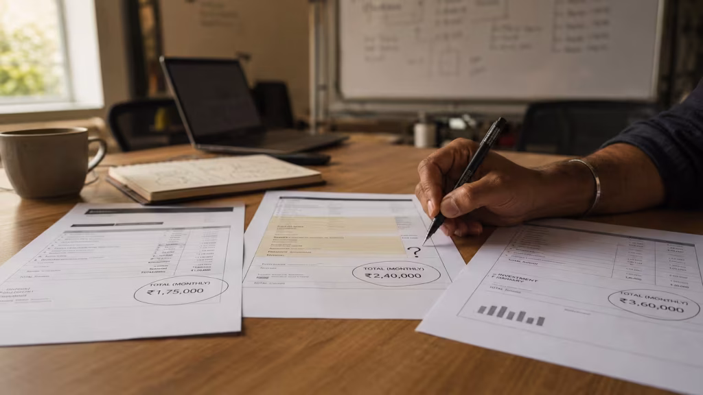  Hand comparing three different digital marketing cost in India agency quotes on a table