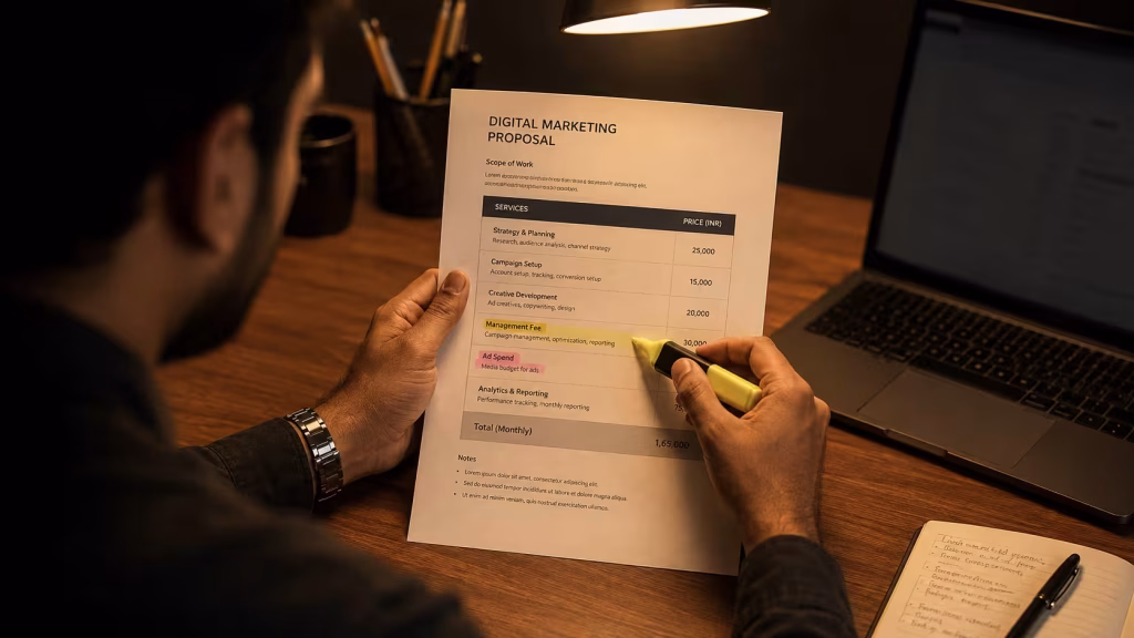 Highlighting management fee and ad spend lines on a digital marketing cost in India quote