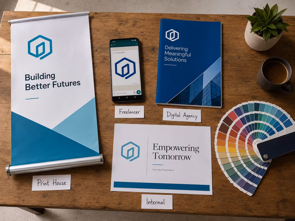 Multiple brand assets from different vendors laid out on a studio table showing visible colour and logo inconsistencies.