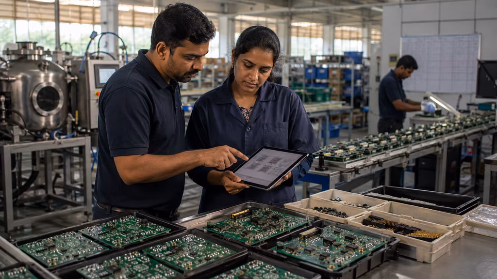 Production team reviewing a masking plan before parylene coating in a Chennai facility