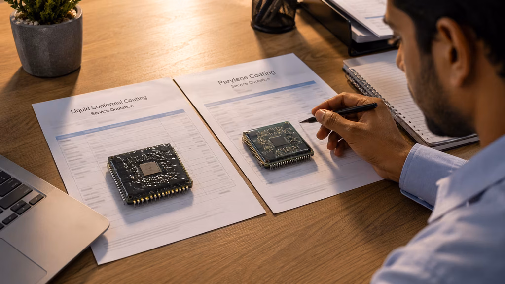 Procurement manager comparing two coated sample chips beside their supplier quotes parylene coating services