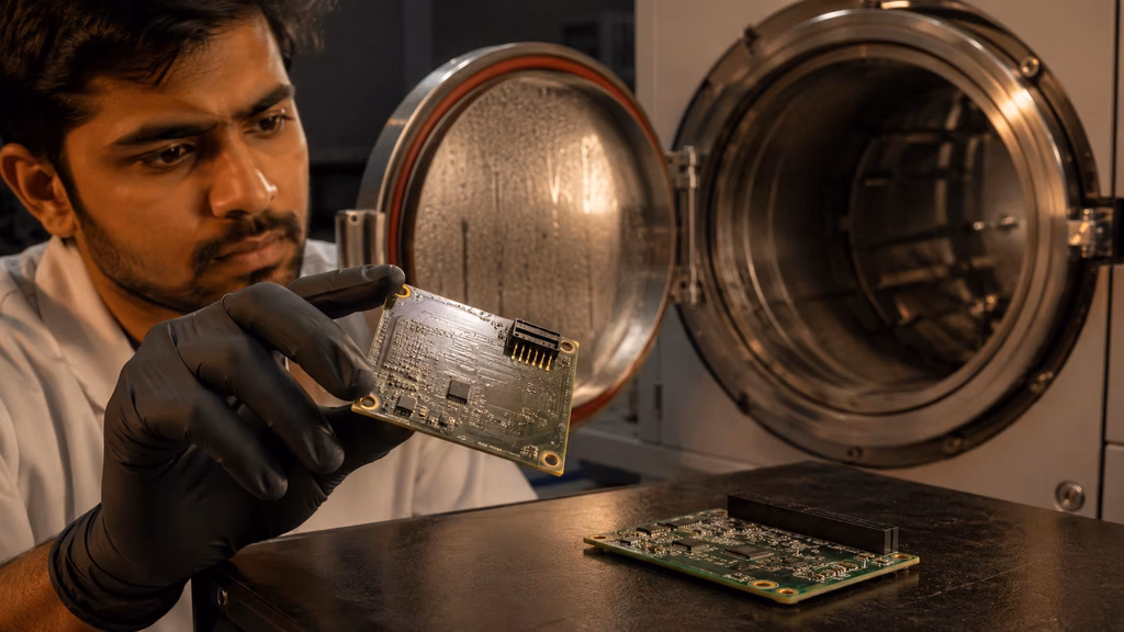 Technician comparing a parylene-coated circuit board to an uncoated reference board