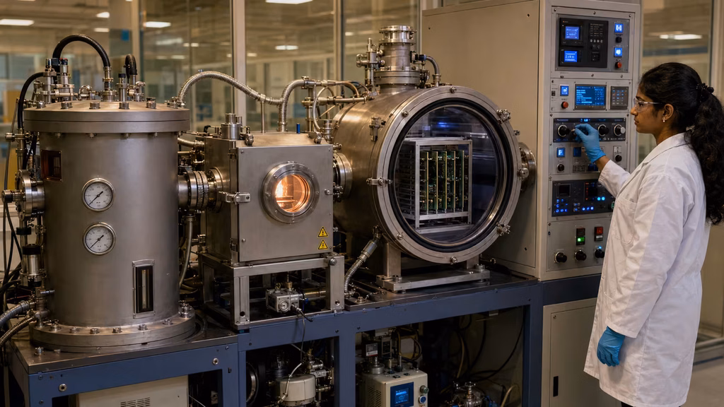 Engineer monitoring a parylene vapor deposition chamber during a coating cycle