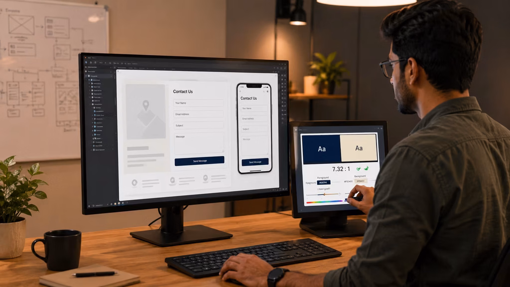 Developer checking colour contrast and form consent for a web design agency Chennai site