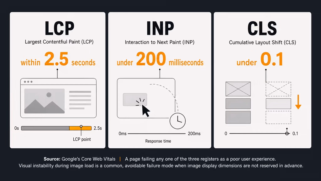 Infographic showing LCP, INP and CLS thresholds for a web design agency Chennai site