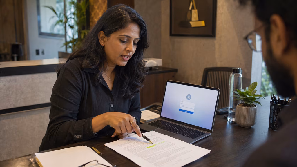Business owner reviewing website ownership terms with a web design agency Chennai