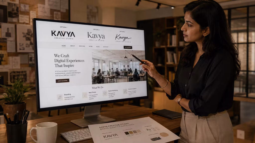 Indian creative professional identifying brand inconsistency on a website landing page displayed on studio monitor