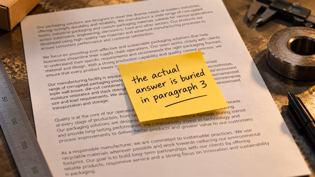 Sticky note marking a buried answer inside a dense printed spec sheet