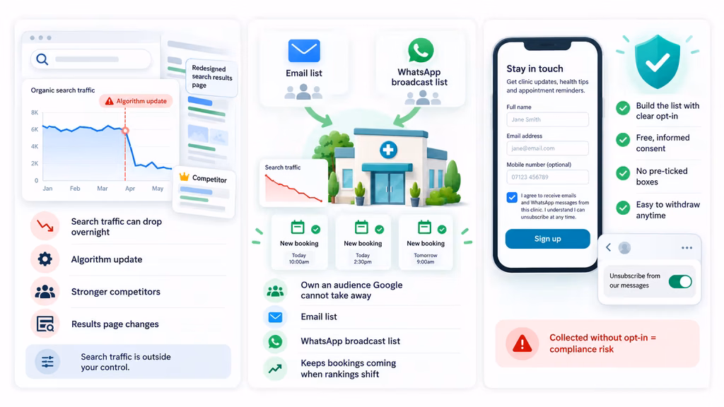 Infographic showing how email and WhatsApp lists protect bookings from search traffic drops, with clear opt-in consent and easy unsubscribe practices.