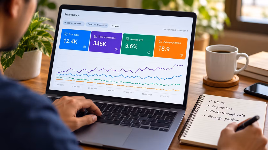 Increase organic traffic without paid ads Person reviewing Search Console performance metrics on a laptop, tracking clicks, impressions, CTR, and average position in a notebook.