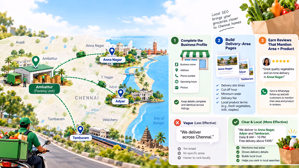 Infographic showing a Chennai grocery delivery business serving areas such as Anna Nagar, Adyar and Tambaram, with tips on complete business profiles, delivery-area pages and local customer reviews SEO strategies for online grocery stores in India