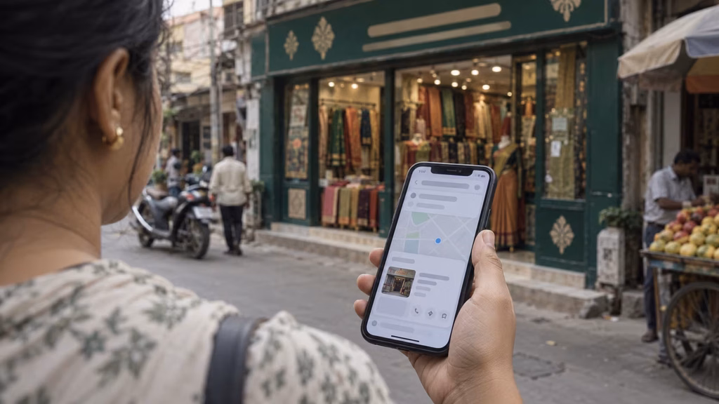  Hand holds a phone showing a search listing beside a distant green signboard
