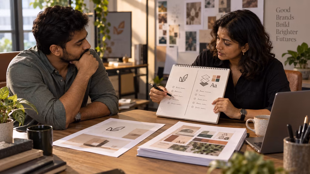 Strategist and founder discussing logo versus brand identity design decision framework