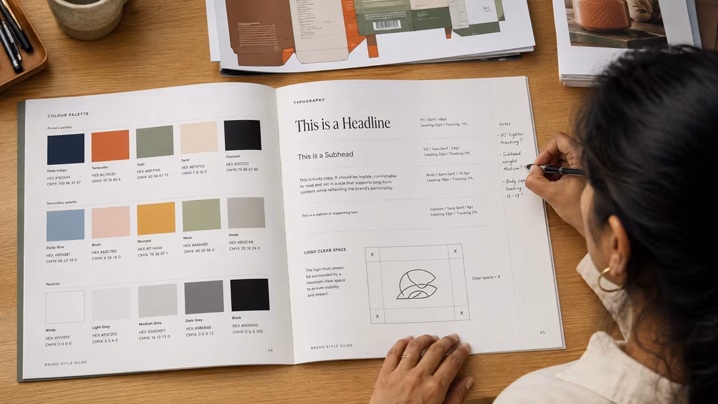Open brand identity design style guide showing colour values and typography scale