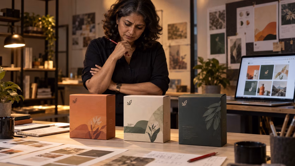Creative director reviewing three inconsistent packaging mockups from the same brand