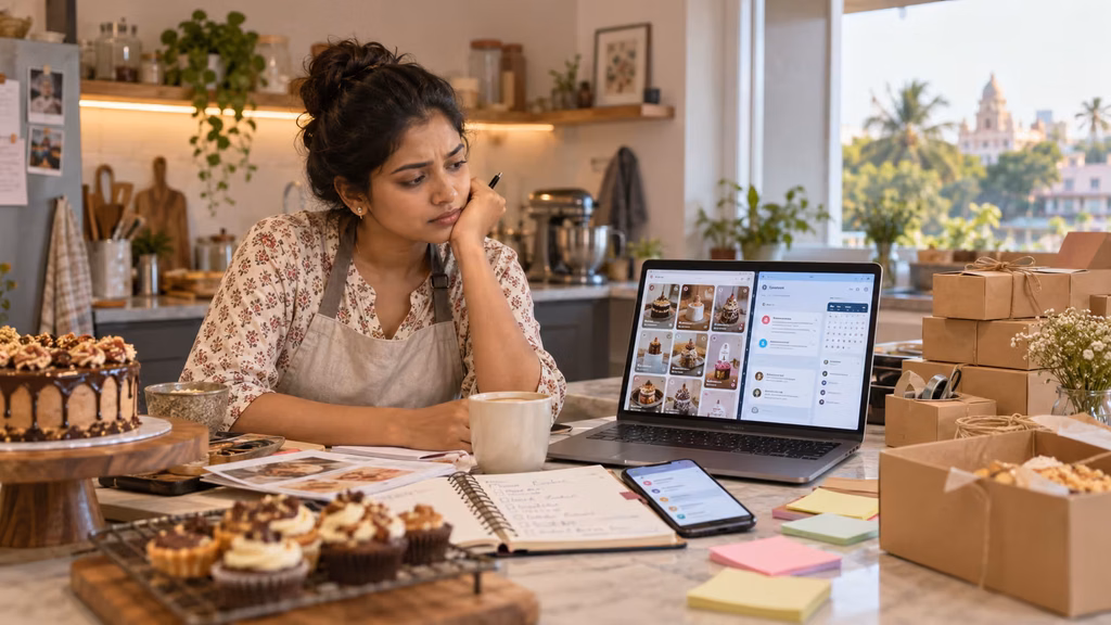Chennai business owner splitting attention between Instagram and Facebook on two phones