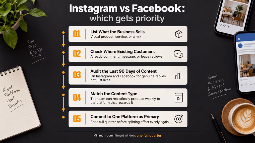 Five-step infographic for deciding between Instagram vs Facebook for a small business