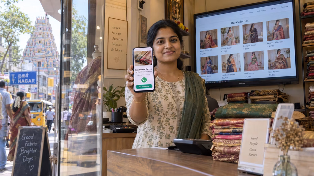 Indian female retailer holding a phone showing a landing page while a full website displays on a wall monitor