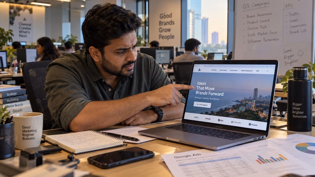 Indian marketing manager pointing at a brand homepage on a laptop next to a printed Google Ads report landing page vs website