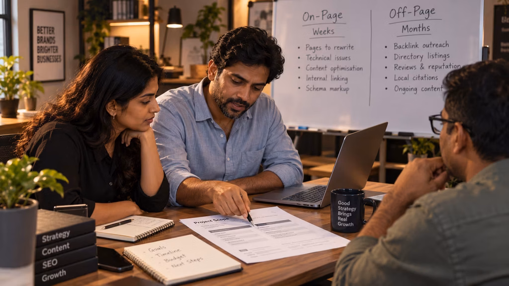 Agency team scoping on page vs off page seo cost and timeline with a client
