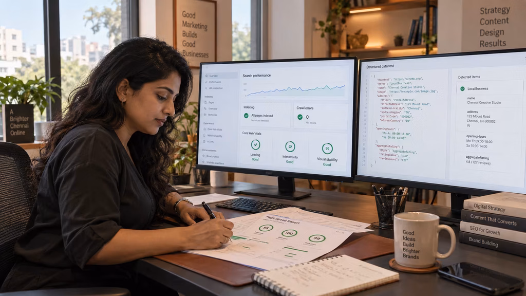  Marketer reviewing Search Console and structured data for on-page vs. off-page SEO