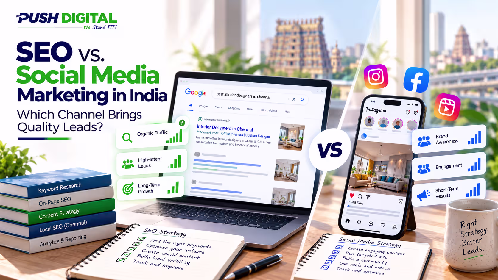 Clinic receptionist checking enquiries beside a register, SEO vs social media marketing in India