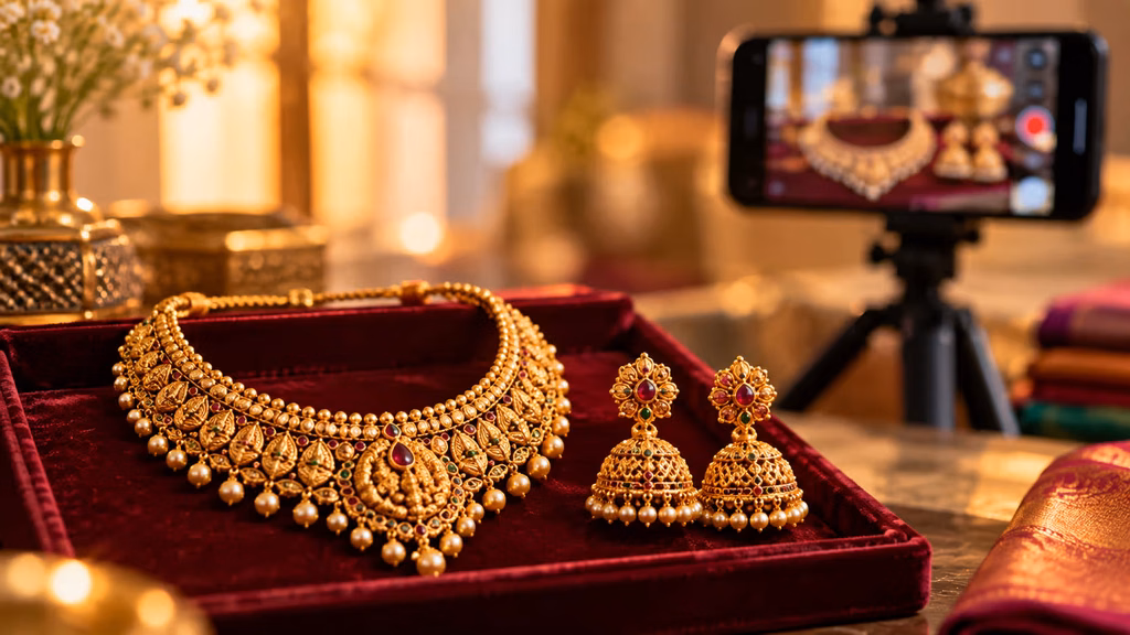 Gold necklace and earrings on a velvet tray with a phone recording behind SEO vs Social Media Marketing in India