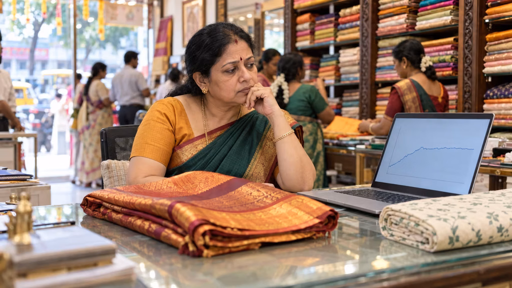 Textile showroom owner in T. Nagar studying a flat line chart on her laptop AI SEO Tools for Small Business in India