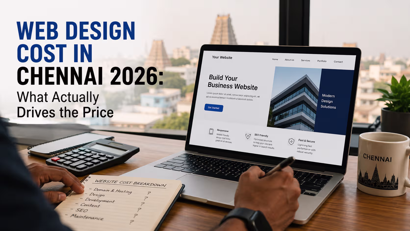 Web design cost planning in Chennai for 2026, showing a professional reviewing a website layout, calculator, and project cost breakdown.