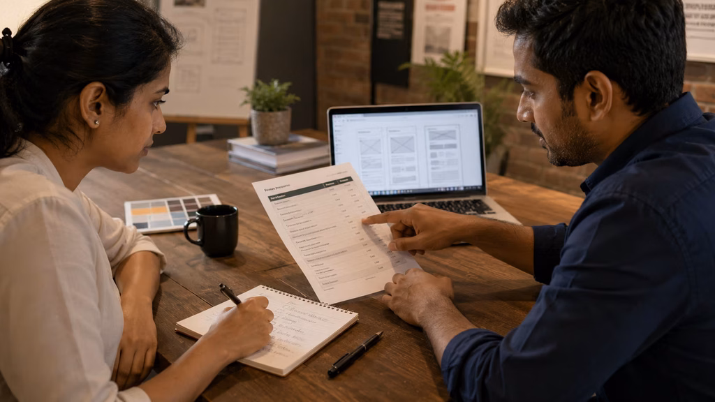 Consultant and client reviewing a web design quote document with a checklist notepad
