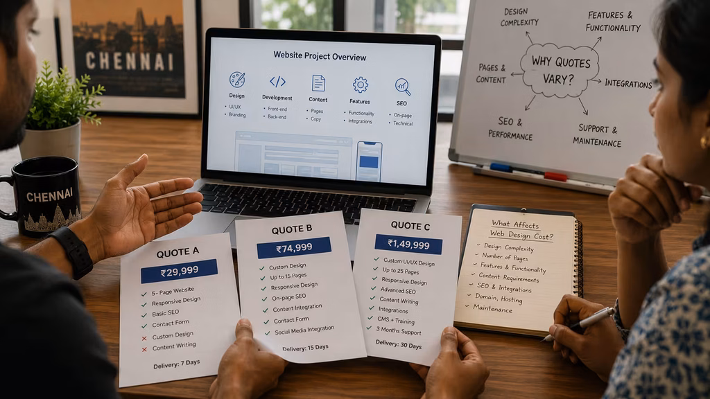 Chennai business professionals comparing three web design quotes with different prices, features, SEO, integrations, and support options.