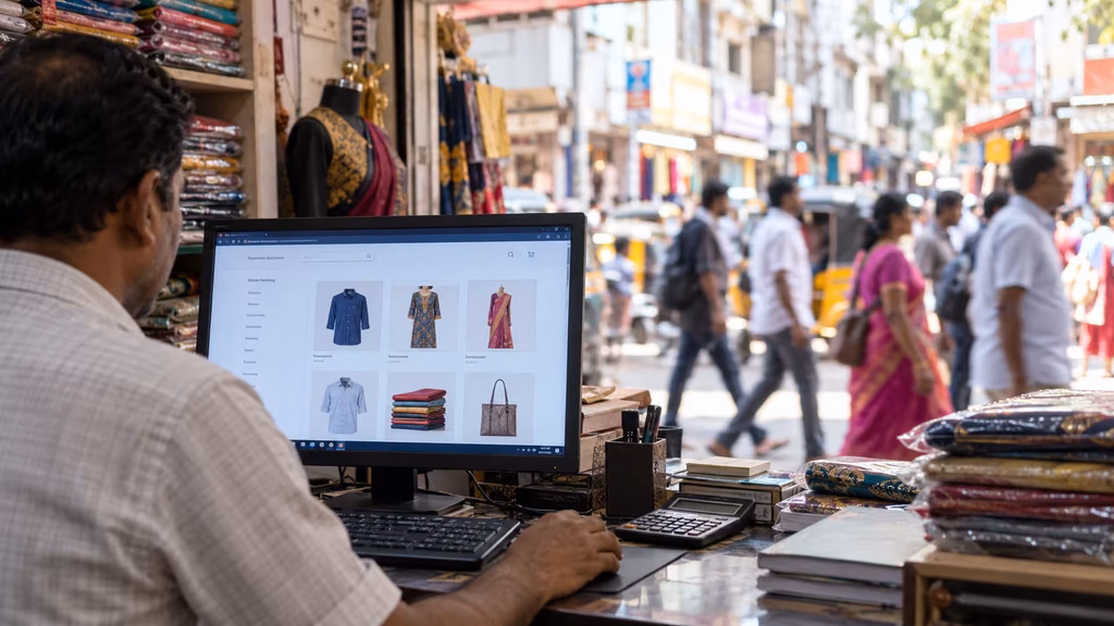 Shopkeeper at a counter with a generic website open on a desktop screen.