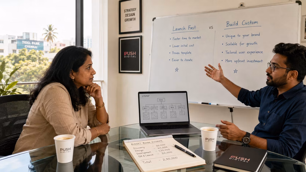 Agency strategist and business owner discussing WordPress vs custom website options at a whiteboard