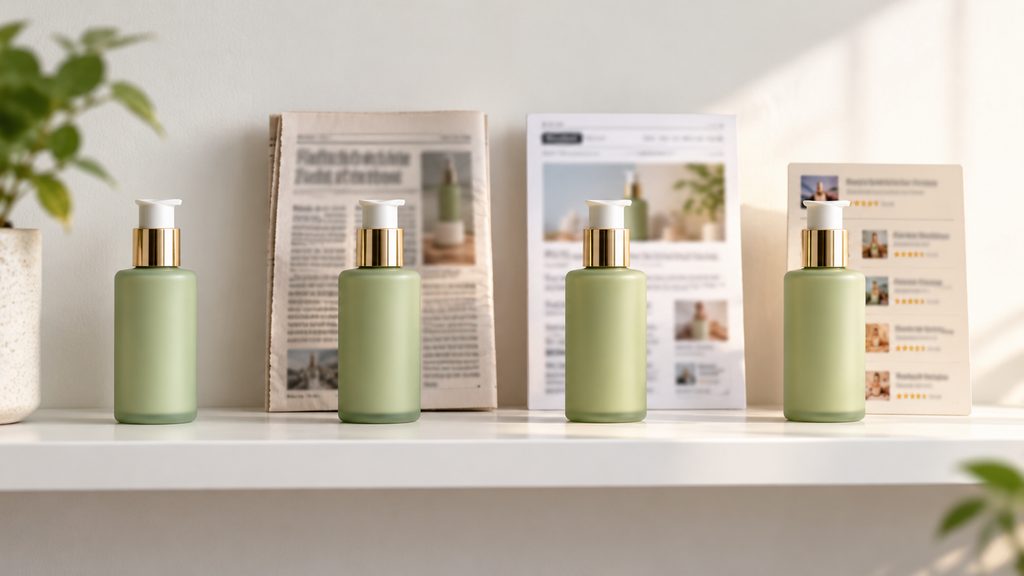 One plain skincare bottle on a shelf beside three bottles surrounded by press clippings